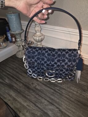Coach Signature Jacquard Shoulder Bag in Navy Denim 3 Way Carry.